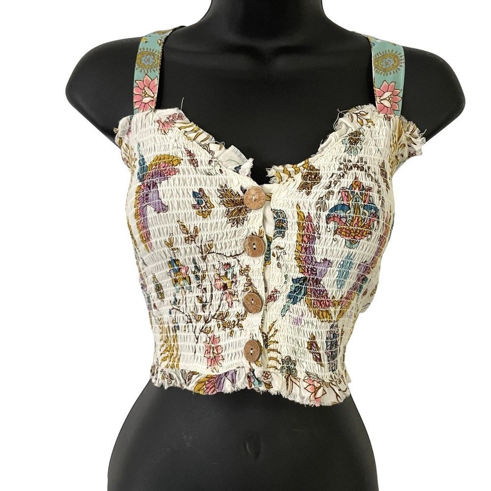 Z & L Womens Boho Crop Smocked Top Size S Cream Floral V Neck Button Up Festival